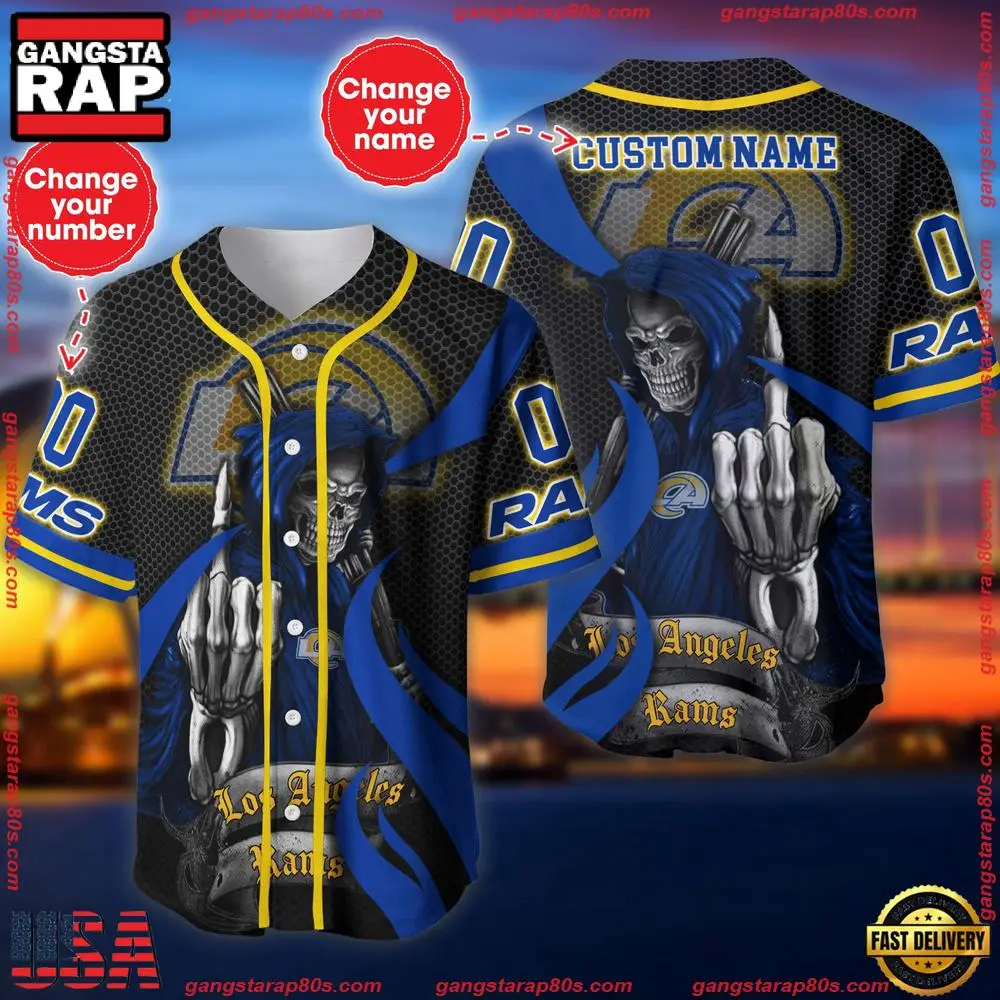 NFL Custom Name Number Los Angeles Rams Skull Death Baseball Jersey Shirt NFL Custom Name Number Los Angeles Rams Skull Death Baseball Jersey Shirt - Image 1