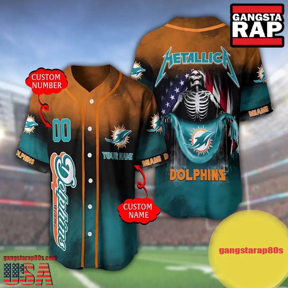 NFL Custom Name Number Metallica Band Miami Dolphins Flag America Baseball Jersey Shirt NFL Custom Name Number Metallica Band Miami Dolphins Flag America Baseball Jersey Shirt - Image 1