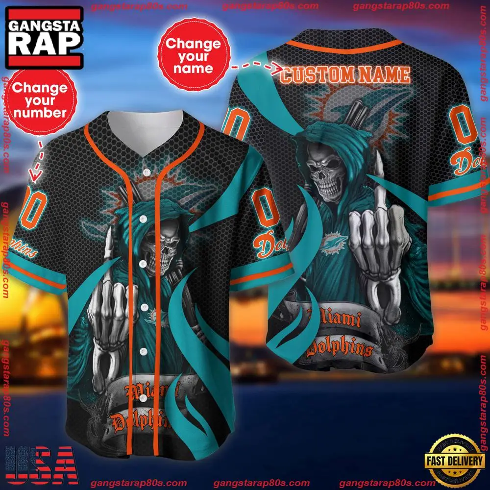 NFL Custom Name Number Miami Dolphins Skull Death Baseball Jersey Shirt