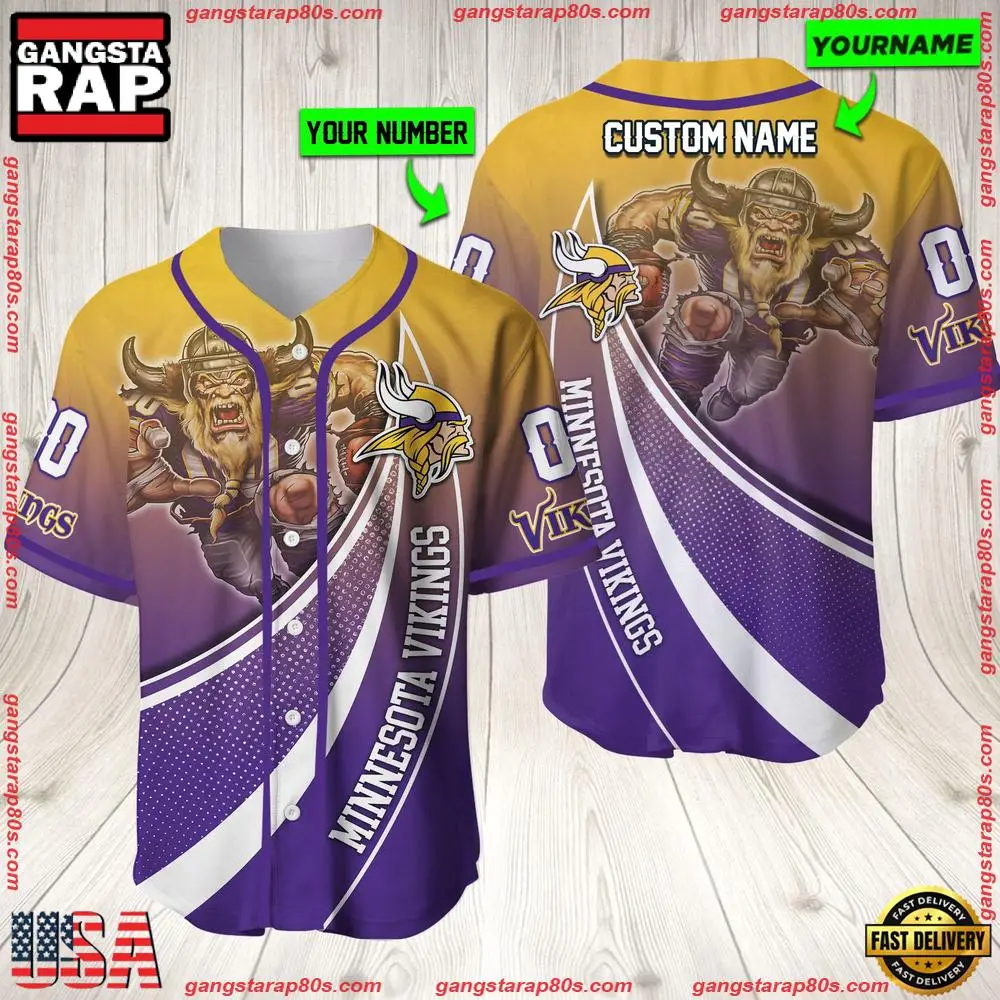 NFL Custom Name Number Minnesota Vikings Mascot Football New Design Baseball Jersey Shirt
