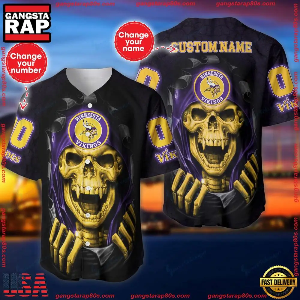 NFL Custom Name Number Minnesota Vikings Skull Baseball Jersey Shirt