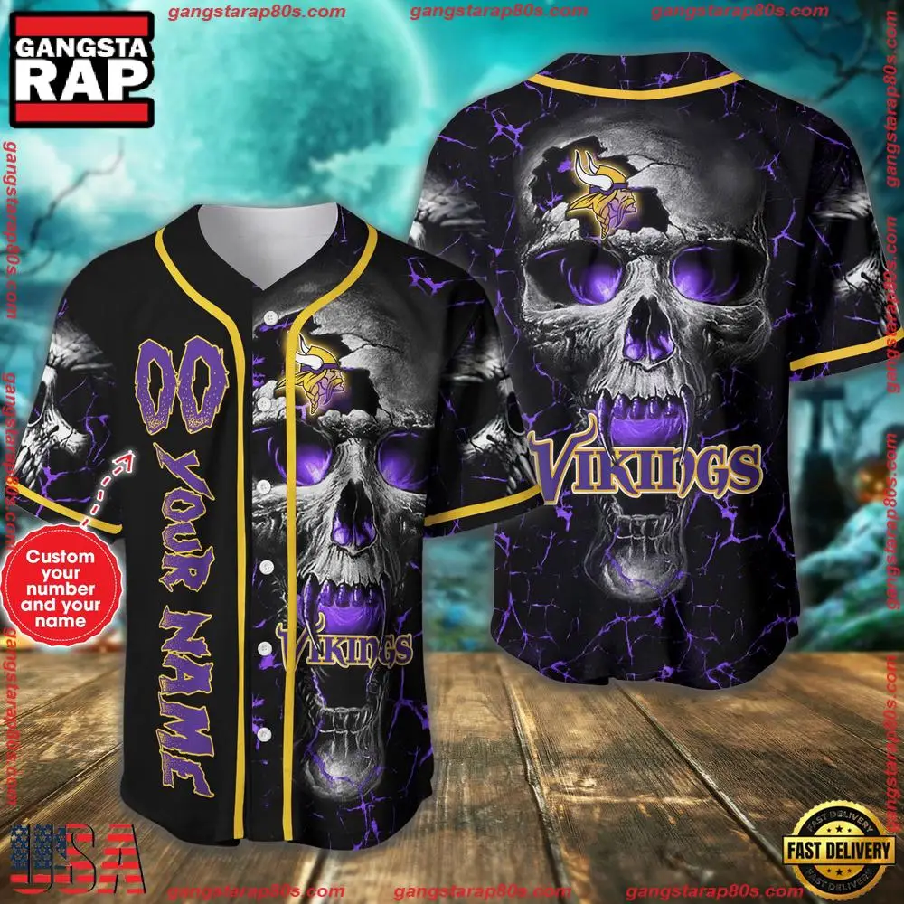 NFL Custom Name Number Minnesota Vikings Skull Face Baseball Jersey Shirt