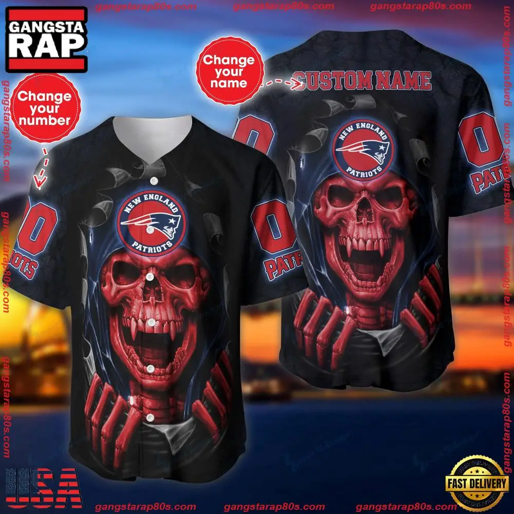 NFL Custom Name Number New England Patriots Skull Baseball Jersey Shirt NFL Custom Name Number New England Patriots Skull Baseball Jersey Shirt - Image 1