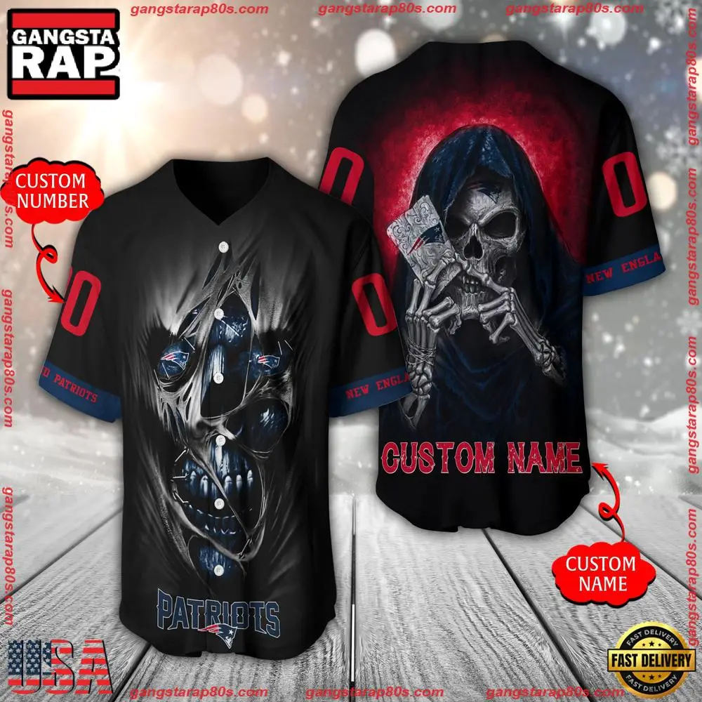 NFL Custom Name Number New England Patriots Team Skull Death Baseball Jersey Shirt