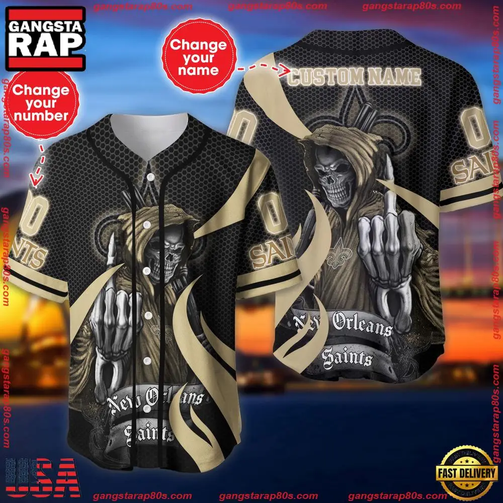 NFL Custom Name Number New Orleans Saints Skull Death Baseball Jersey Shirt NFL Custom Name Number New Orleans Saints Skull Death Baseball Jersey Shirt - Image 1