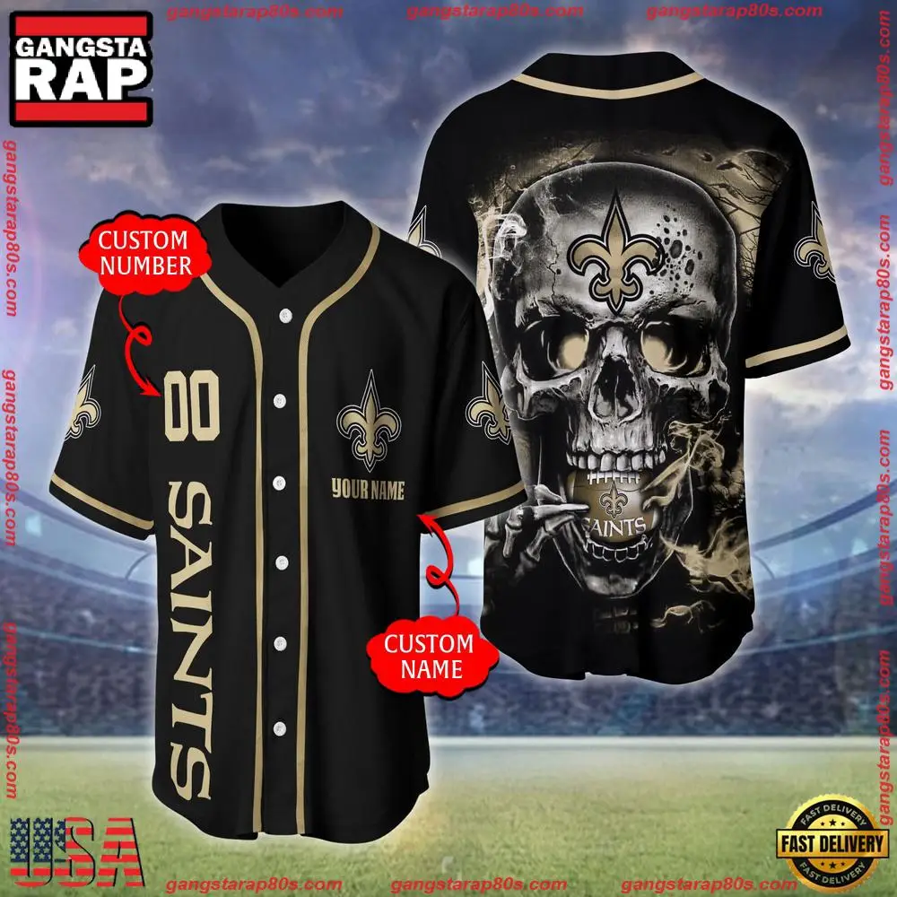 NFL Custom Name Number New Orleans Saints Skull Face Baseball Jersey Shirt