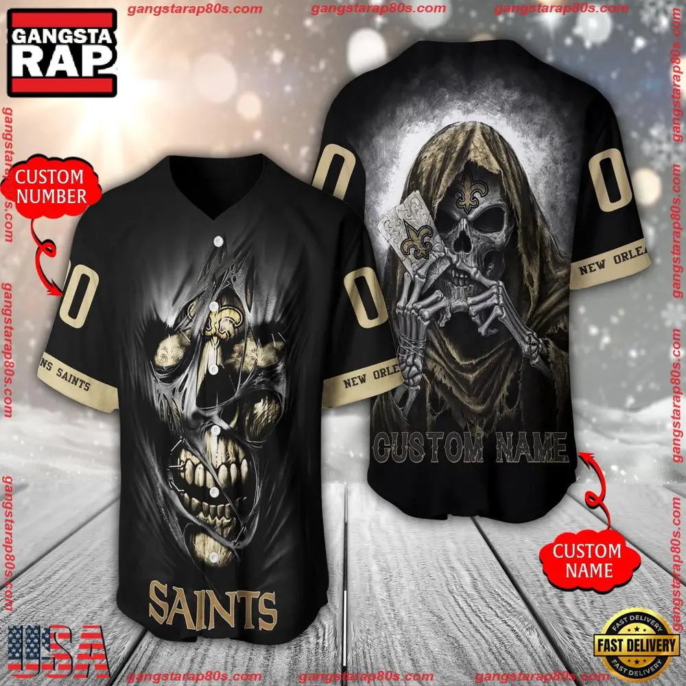 NFL Custom Name Number New Orleans Saints Team Skull Death Baseball Jersey Shirt