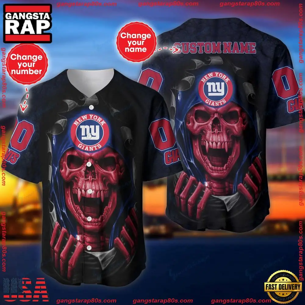 NFL Custom Name Number New York Giants Skull Baseball Jersey Shirt