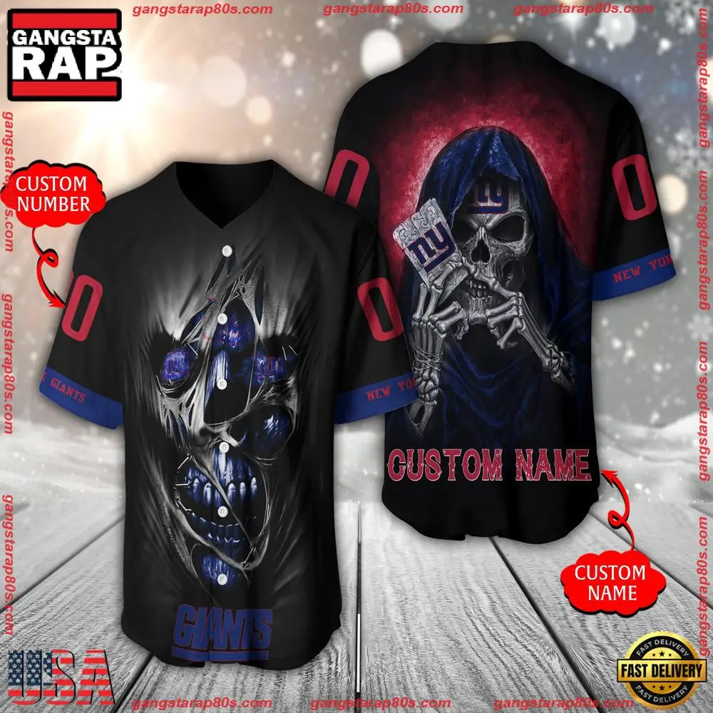 NFL Custom Name Number New York Giants Team Skull Death Baseball Jersey Shirt NFL Custom Name Number New York Giants Team Skull Death Baseball Jersey Shirt - Image 1