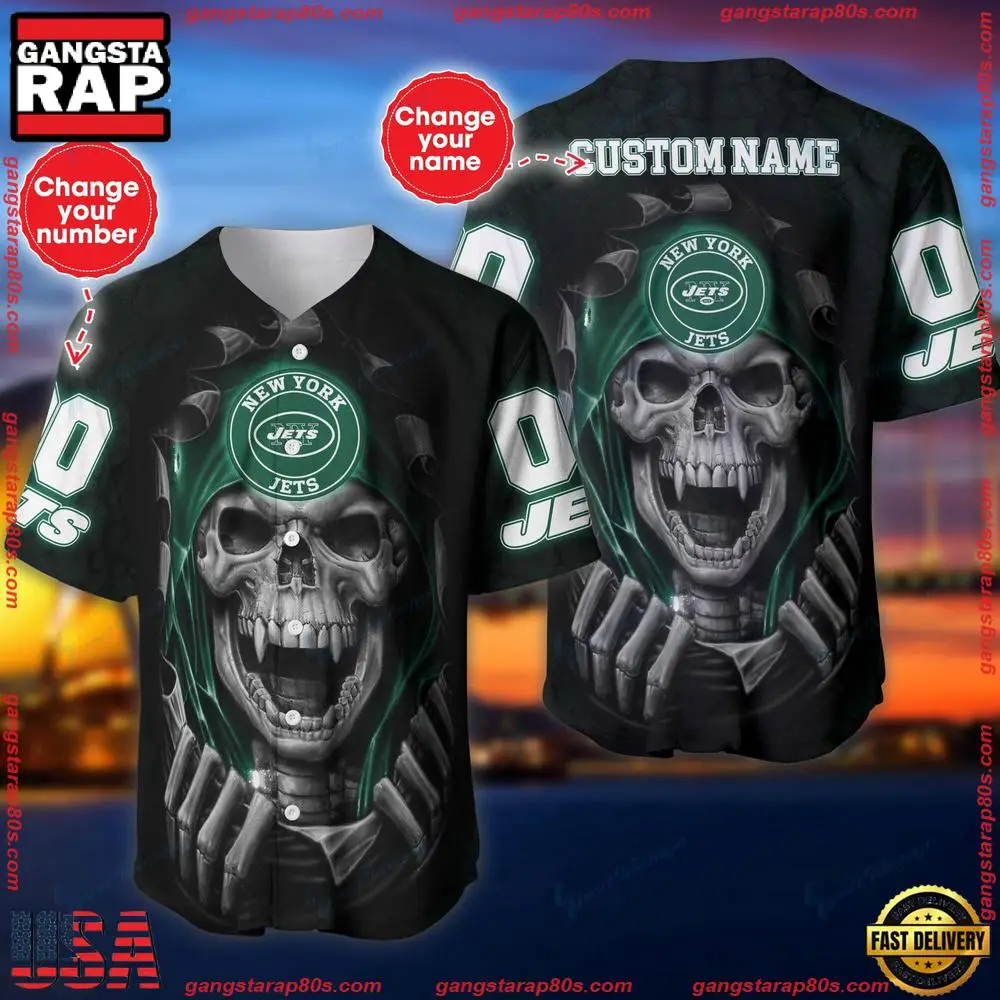 NFL Custom Name Number New York Jets Skull Baseball Jersey Shirt