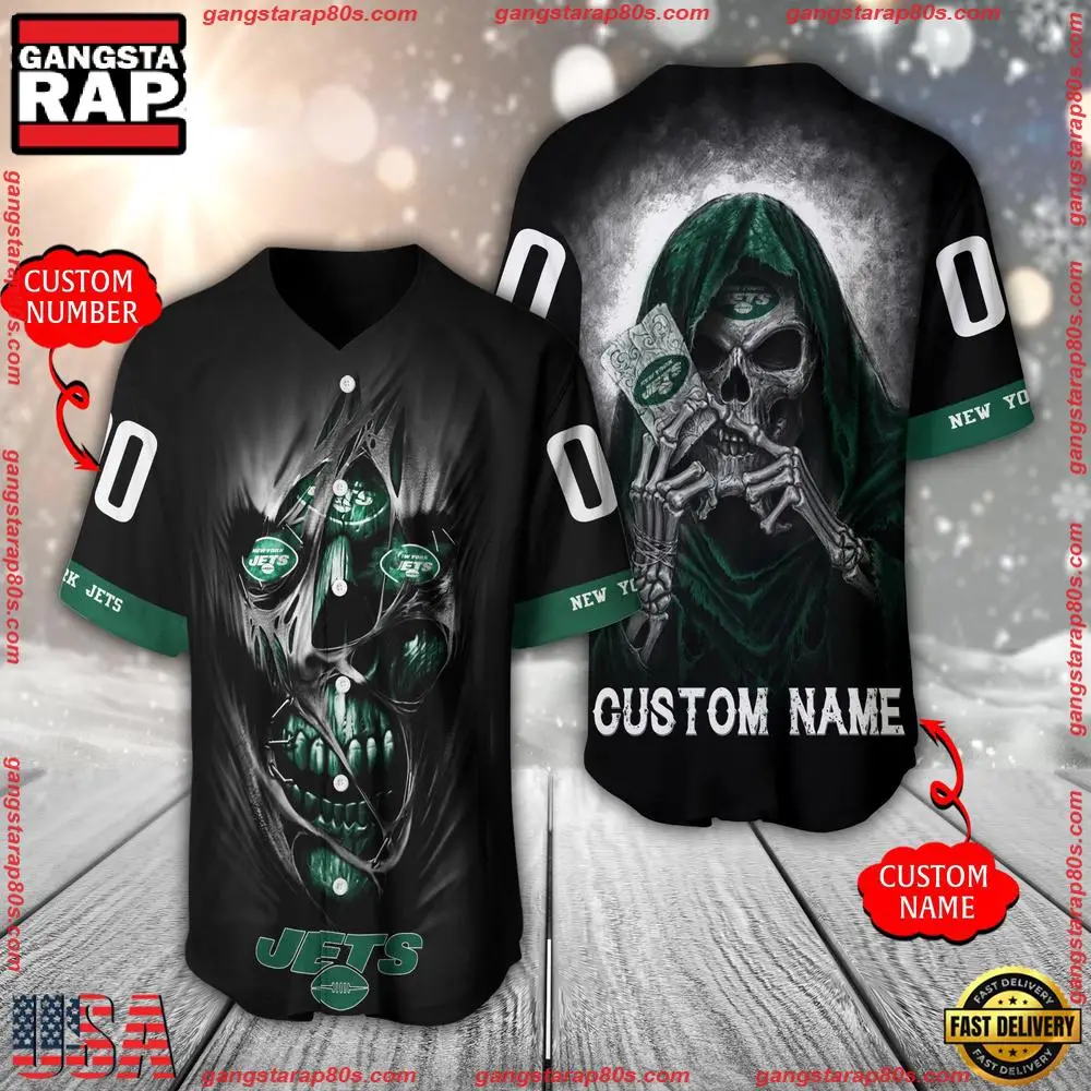 NFL Custom Name Number New York Jets Team Skull Death Baseball Jersey Shirt