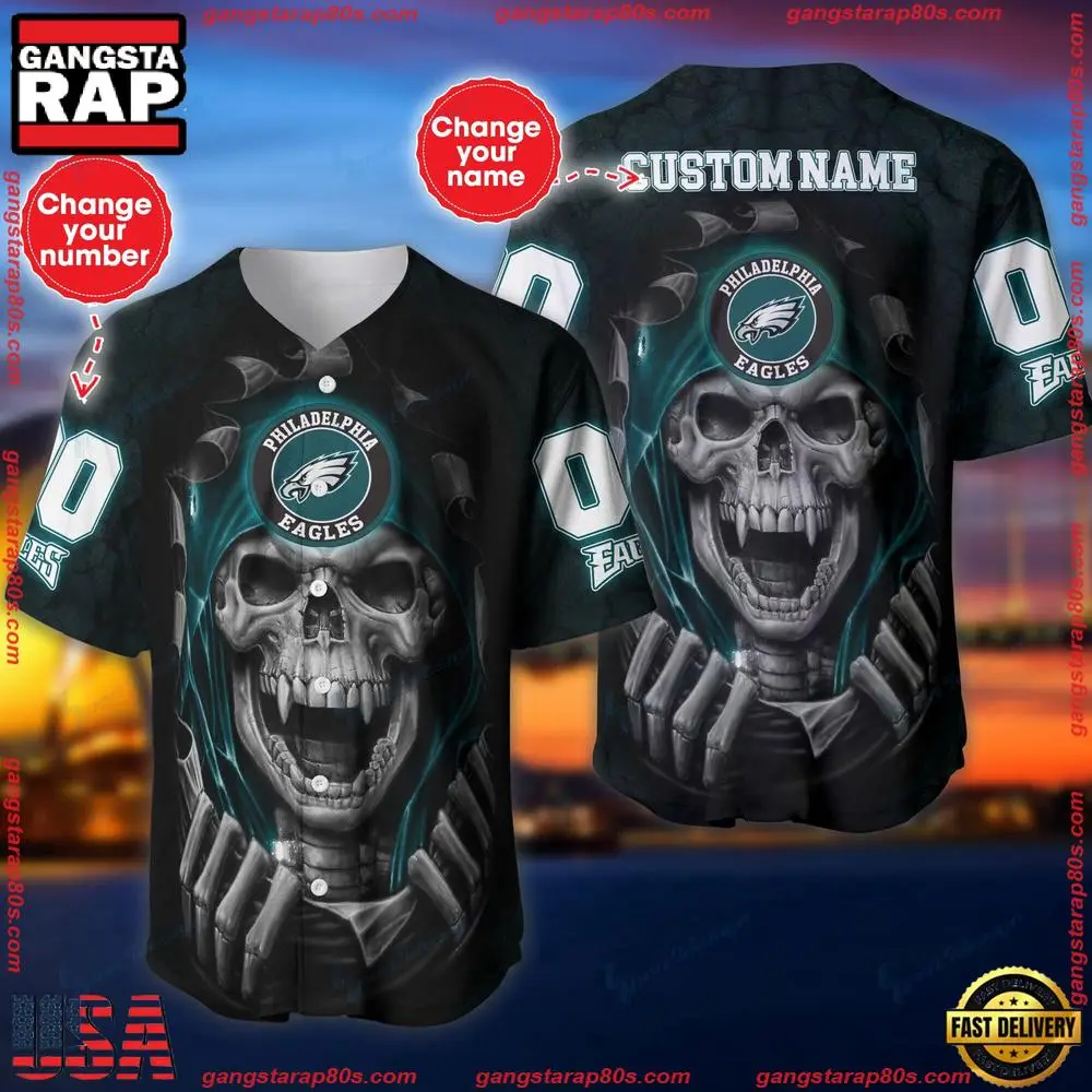 NFL Custom Name Number Philadelphia Eagles Skull Baseball Jersey Shirt NFL Custom Name Number Philadelphia Eagles Skull Baseball Jersey Shirt - Image 1