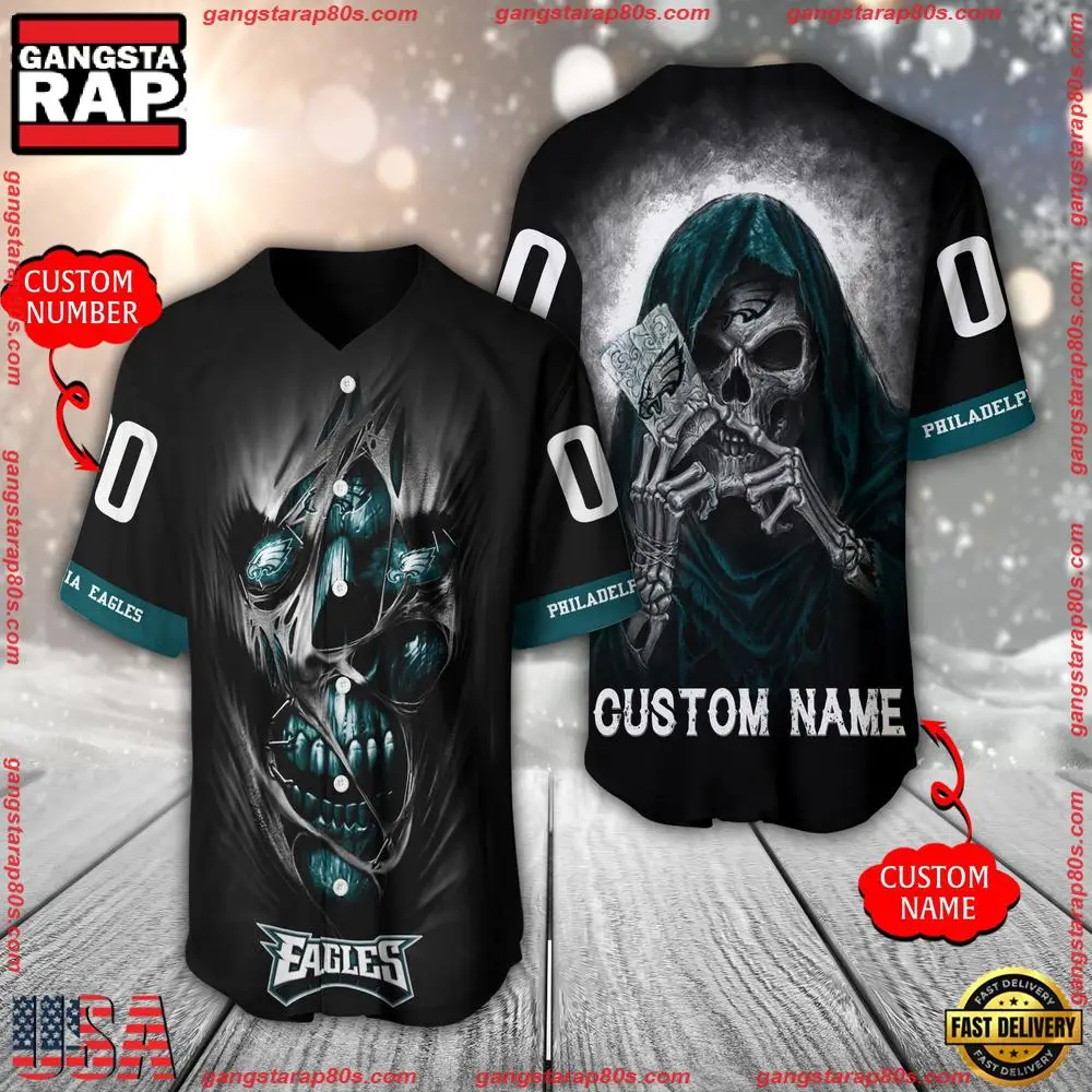 NFL Custom Name Number Philadelphia Eagles Team Skull Death Baseball Jersey Shirt NFL Custom Name Number Philadelphia Eagles Team Skull Death Baseball Jersey Shirt - Image 1