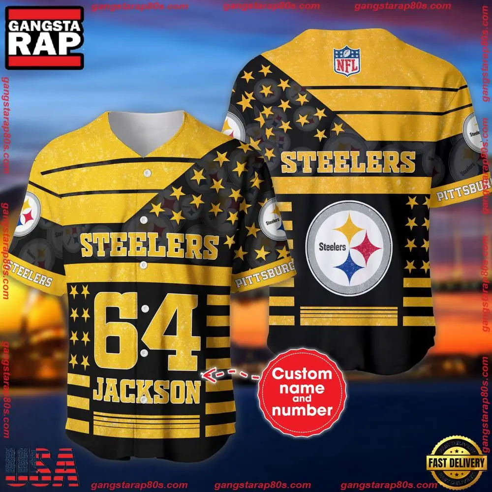 NFL Custom Name Number Pittsburgh Steelers American Flag New Design Baseball Jersey Shirt