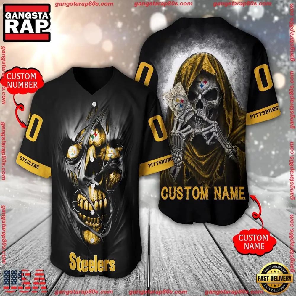 NFL Custom Name Number Pittsburgh Steelers Team Skull Death Baseball Jersey Shirt