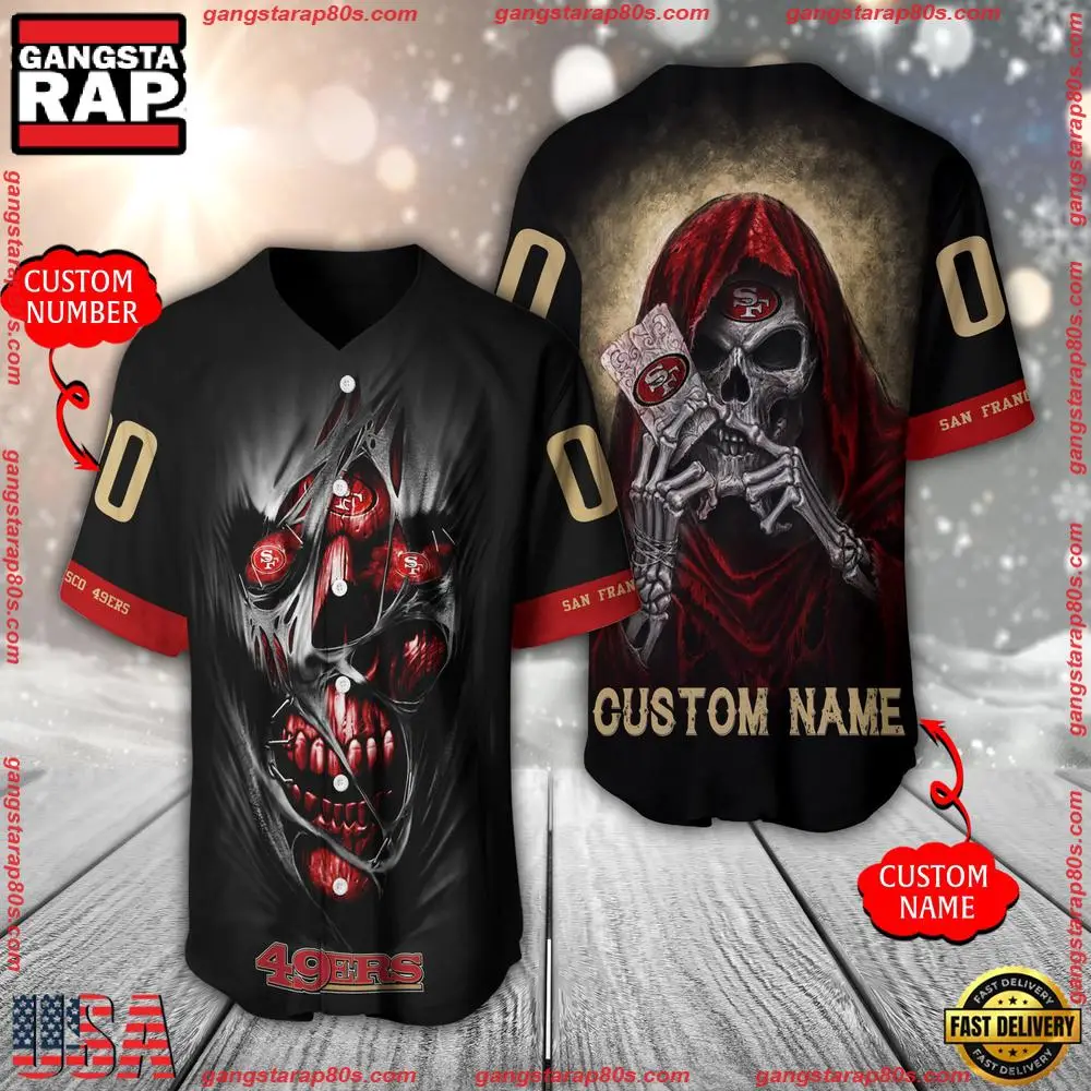 NFL Custom Name Number San Francisco 49ers Team Skull Death Baseball Jersey Shirt