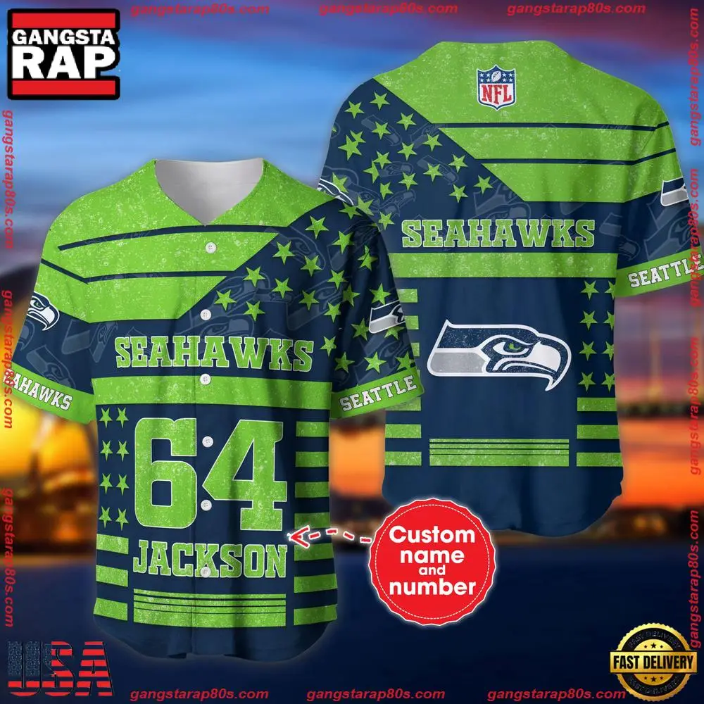 NFL Custom Name Number Seattle Seahawks American Flag New Design Baseball Jersey Shirt NFL Custom Name Number Seattle Seahawks American Flag New Design Baseball Jersey Shirt - Image 1