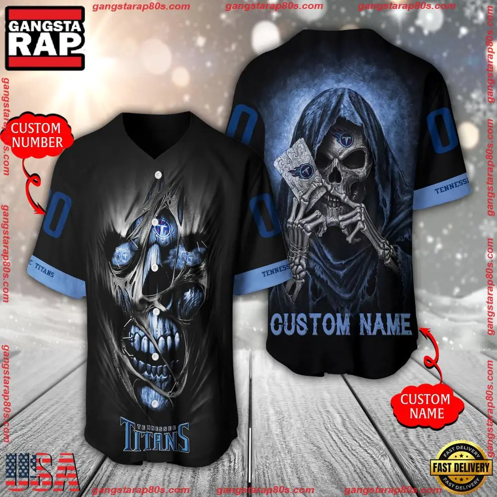 NFL Custom Name Number Tennessee Titans Team Skull Death Baseball Jersey Shirt