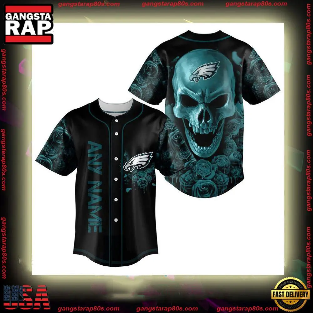 NFL Custom Name Philadelphia Eagles Football Skull Baseball Jersey Shirt