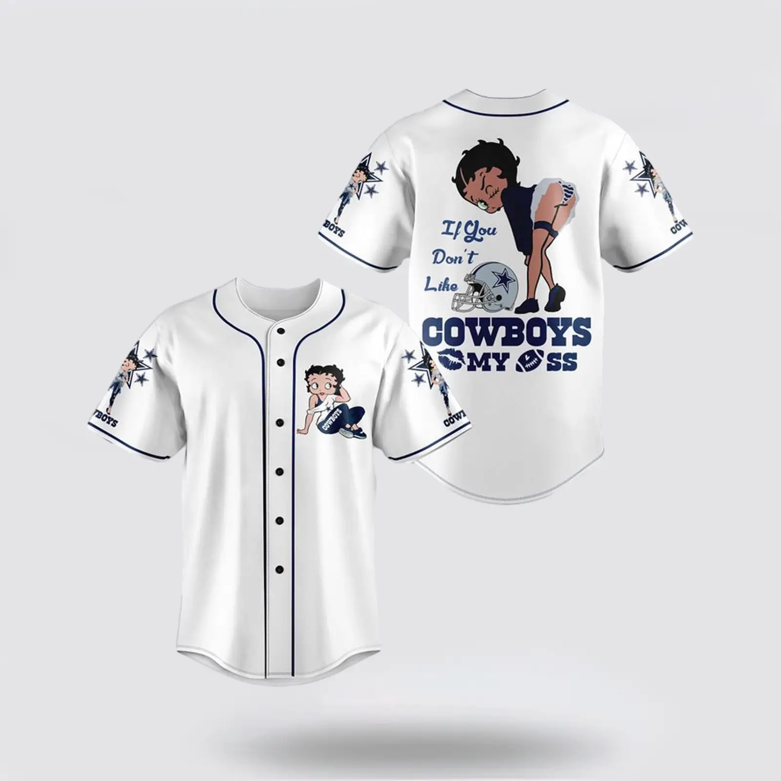 NFL Dallas Cowboys Baseball Jersey American Football Team If You Don't Like Cowboys Betty Boop White Blue Jersey Shirt