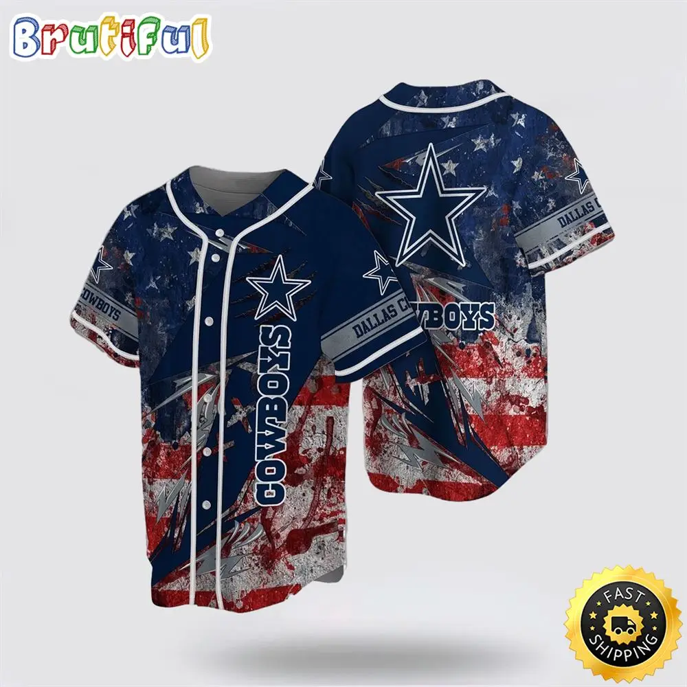 NFL Dallas Cowboys Baseball Jersey Team Symbol American Flag Blue Red Jersey Shirt
