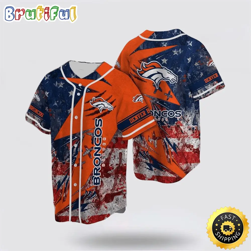 NFL Denver Broncos Baseball Jersey American Flag Graphic Symbol Blue Red Orange Jersey Shirt