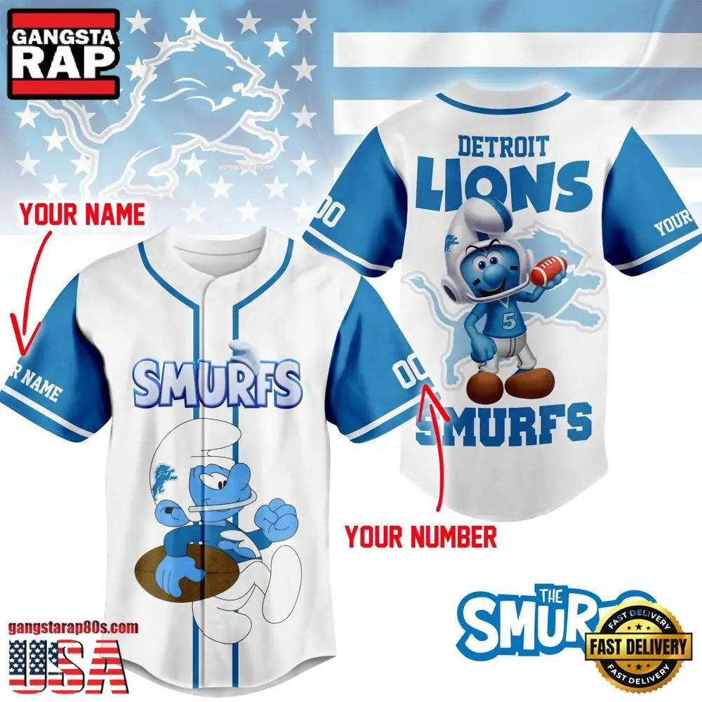 NFL Detroit Lions The Smurfs Movie Unique Design Custom Baseball Jersey