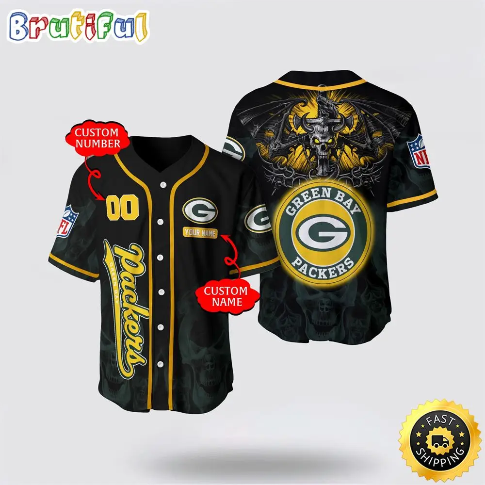 NFL Green Bay Packers Baseball Jersey 3D Personalized Skull Customization Options Available