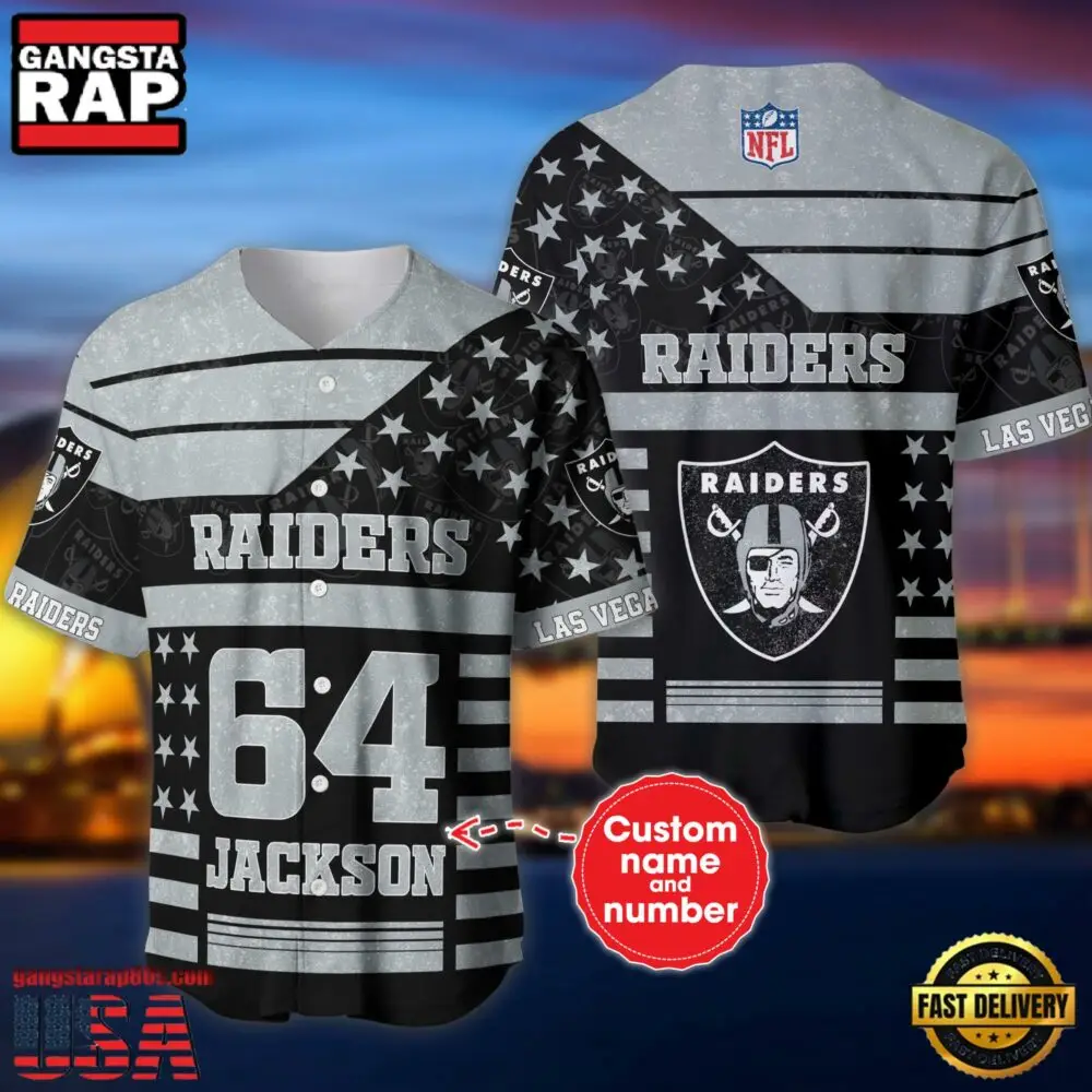 NFL Las Vegas Raiders Custom Name Number Name Number American Flag Baseball Jersey Shirt NFL Las Vegas Raiders Custom Name Number Name Number American Flag Baseball Jersey Shirt - Image 1