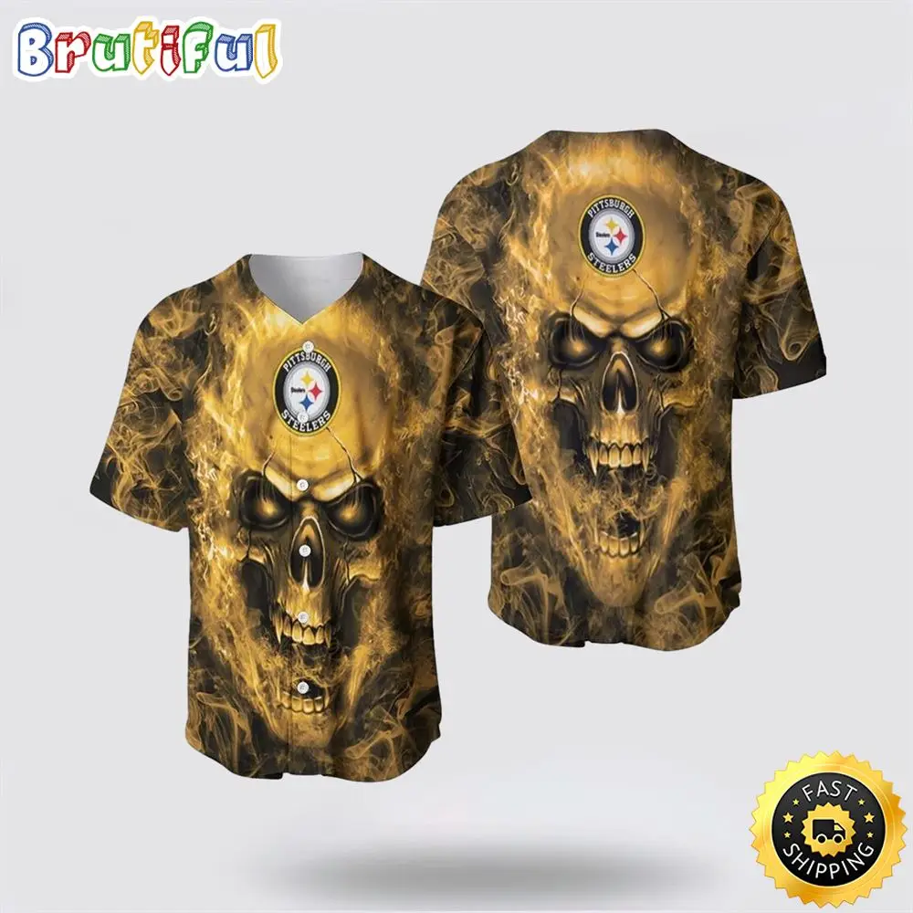 NFL Pittsburgh Steelers Baseball Jersey Skull Unleash Your Team Spirit With Trendy Designs NFL Pittsburgh Steelers Baseball Jersey Skull Unleash Your Team Spirit With Trendy Designs - Image 1
