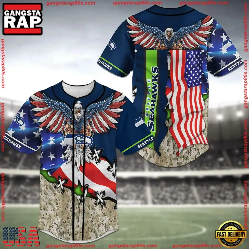 NFL Seattle Seahawks US Flag Eagle New Design Baseball Jersey Shirt