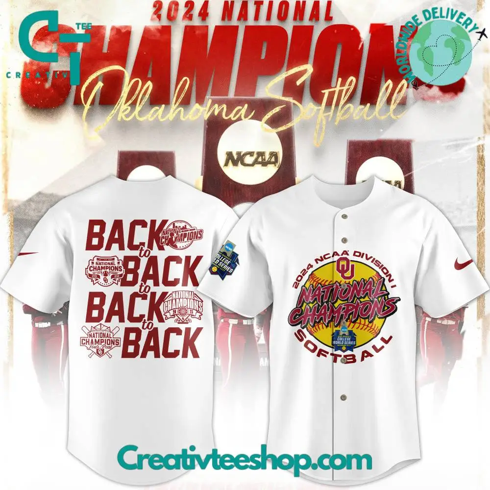 Oklahoma Sooners 2024 Ncaa Softball Womens College World Series Champions White Baseball Jersey Oklahoma Sooners 2024 Ncaa Softball Womens College World Series Champions White Baseball Jersey - Image 1