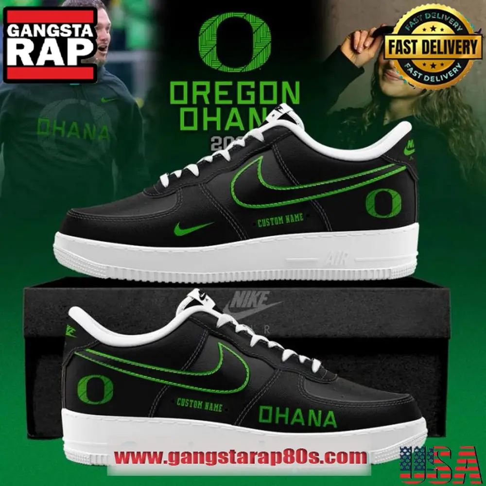 Oregon Ducks Ohana Custom Air Force 1 Running Sneakers Shoes Oregon Ducks Ohana Custom Air Force 1 Running Sneakers Shoes - Image 1