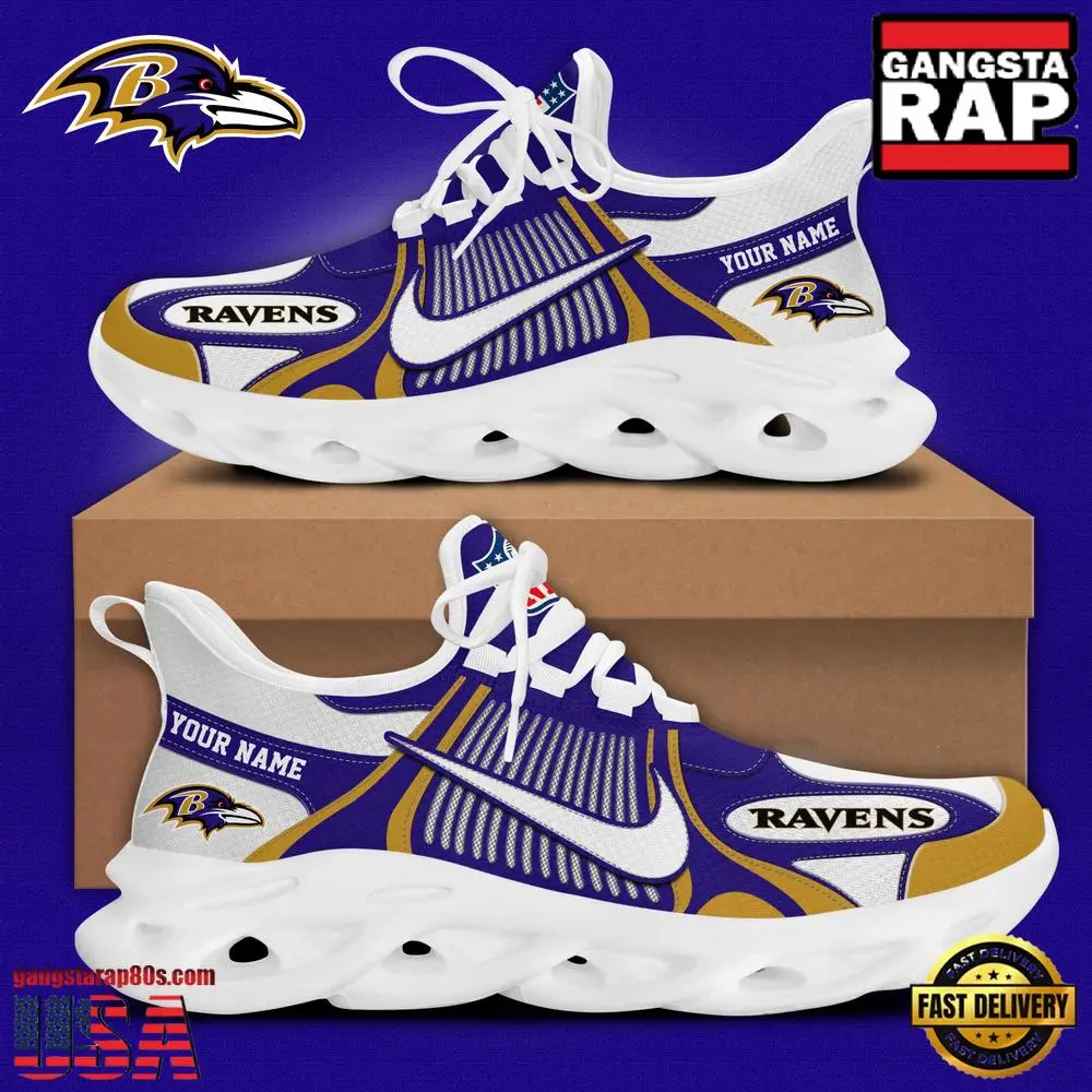 Personalized NFL Baltimore Ravens Blue White Stripes Logo Clunky Max Soul Shoes
