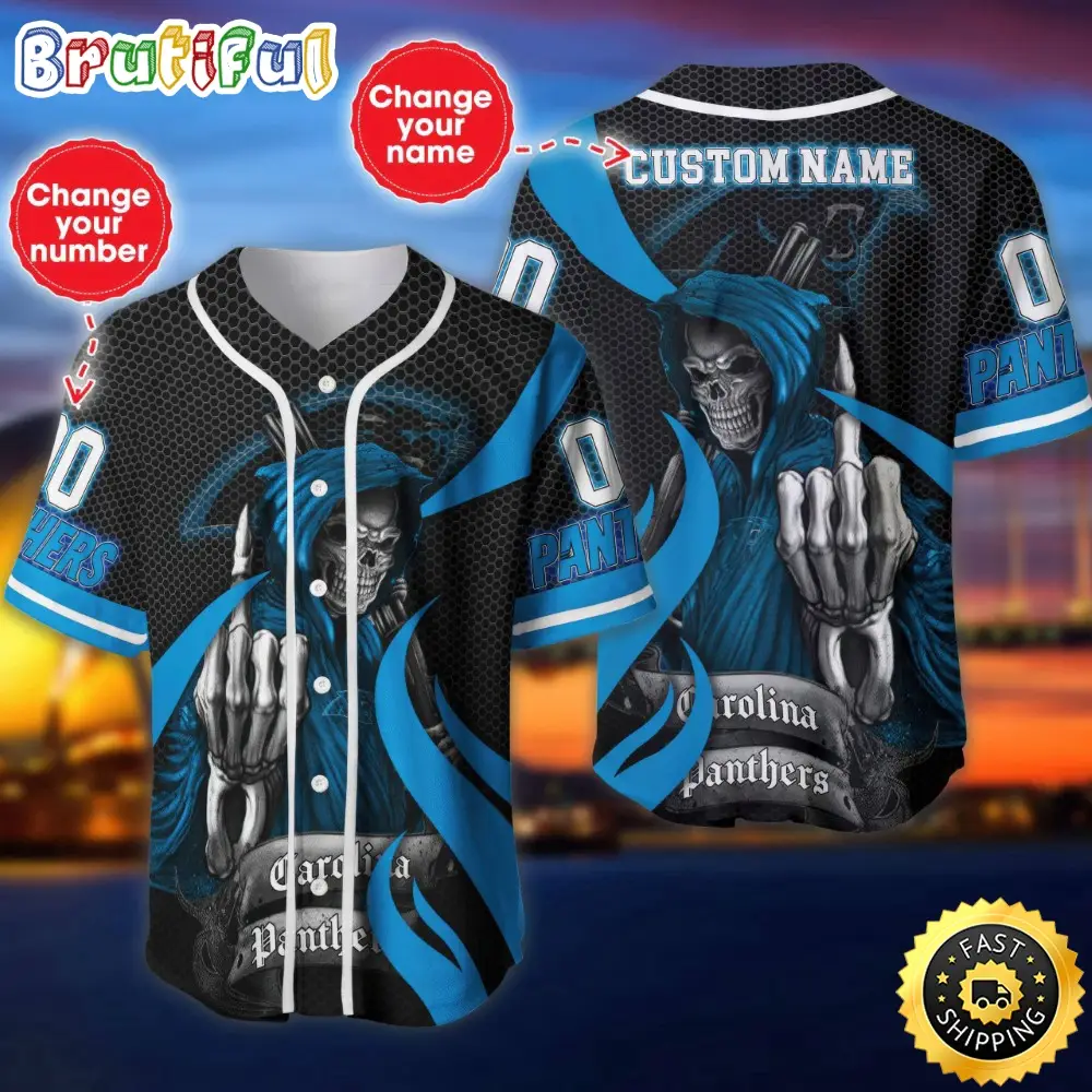 Personalized NFL Carolina Panthers Baseball Jersey Shirt The Reaper Art Skull