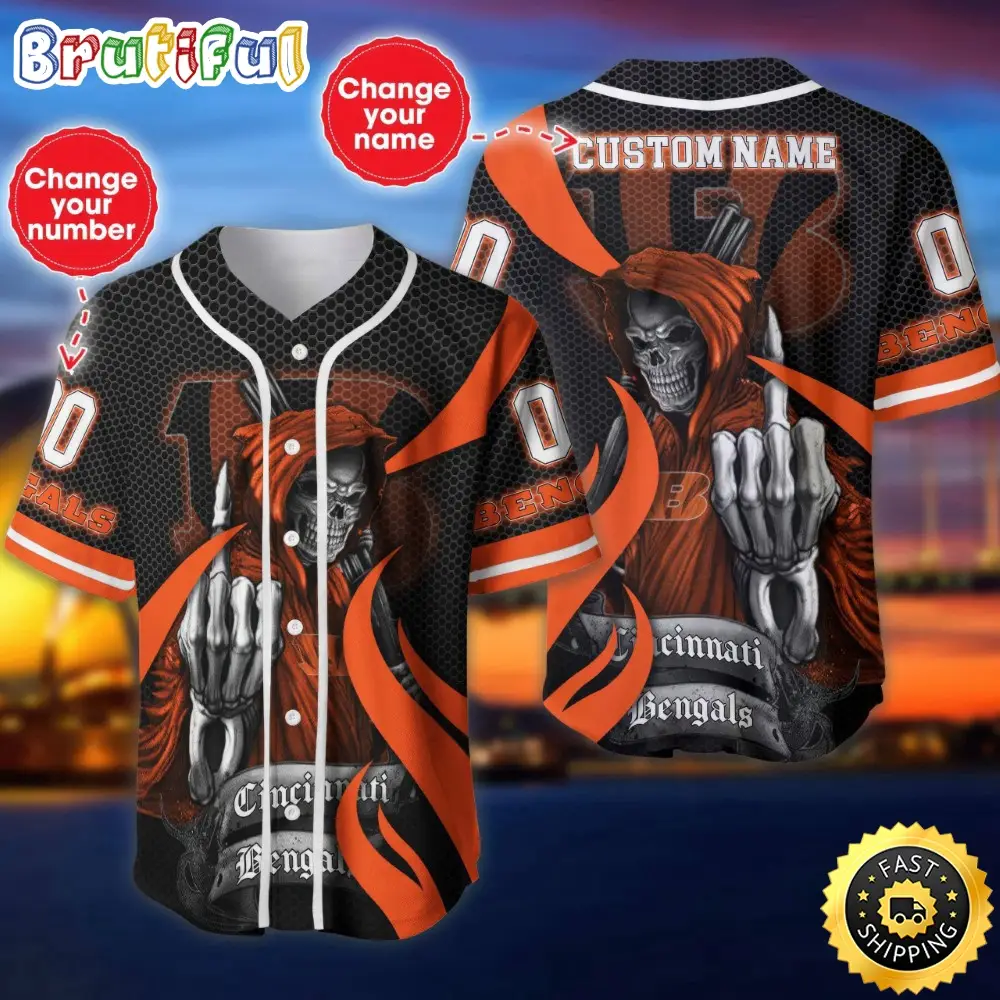 Personalized NFL Cincinnati Bengals Baseball Jersey Shirt The Reaper Art Skull