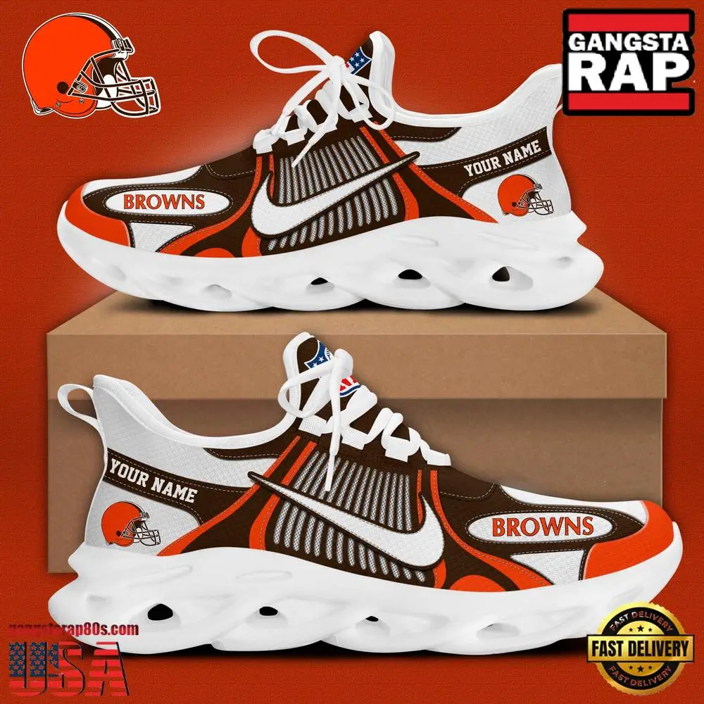 Personalized NFL Cleveland Browns Blue White Stripes Logo Clunky Max Soul Shoes