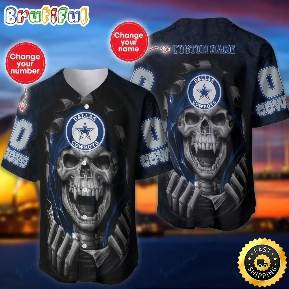 Personalized NFL Dallas Cowboys Baseball Jersey Vampire Skull Personalized NFL Dallas Cowboys Baseball Jersey Vampire Skull - Image 1
