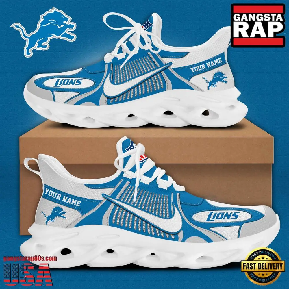 Personalized NFL Detroit Lions Positional Villain Blue White Stripes Logo Clunky Max Soul Shoes