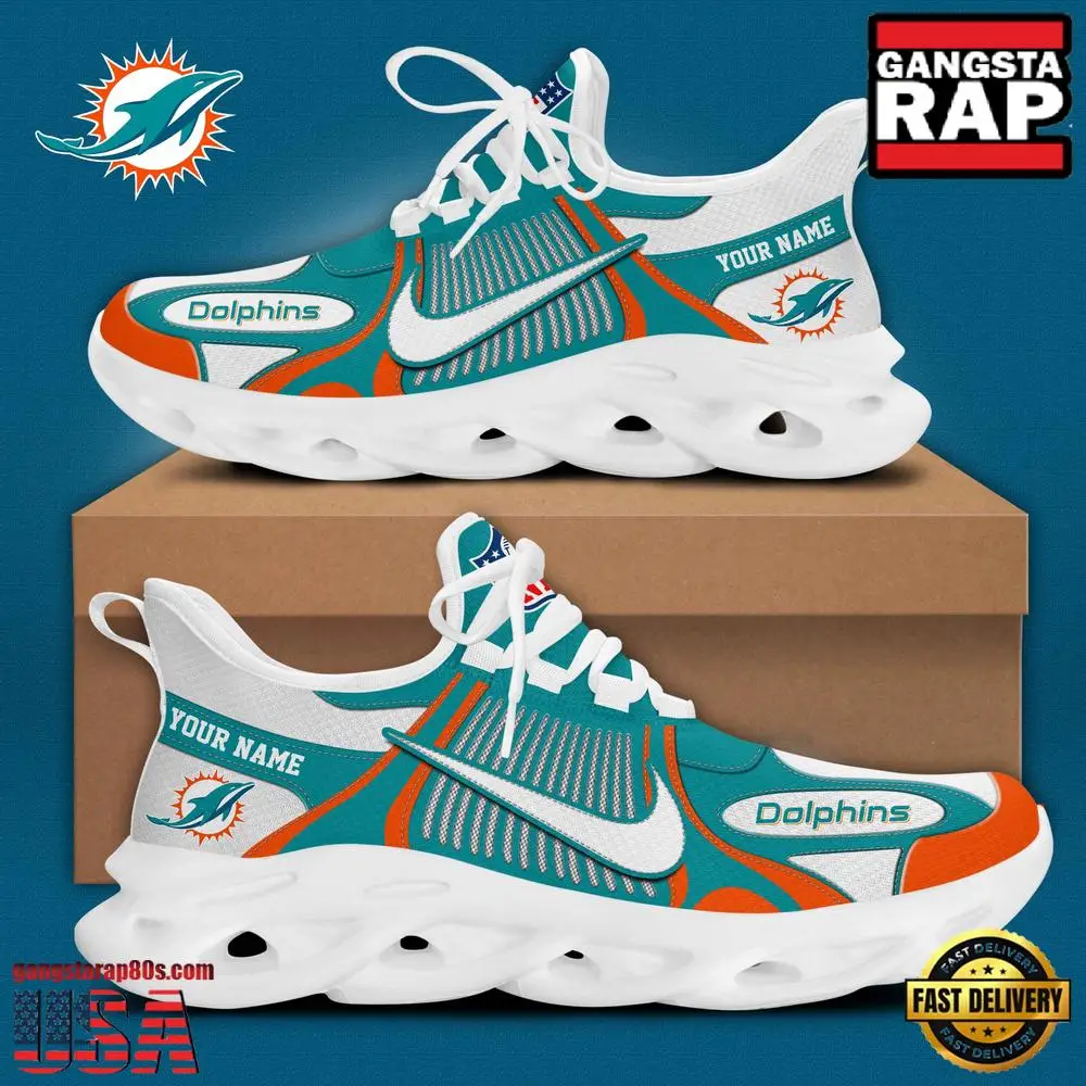 Personalized NFL Miami Dolphins Blue White Stripes Logo Max Soul Shoes