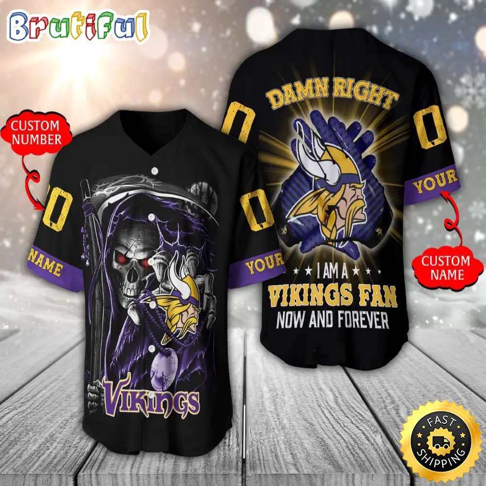 Personalized NFL Minnesota Vikings Baseball Jersey Skull Damn Right