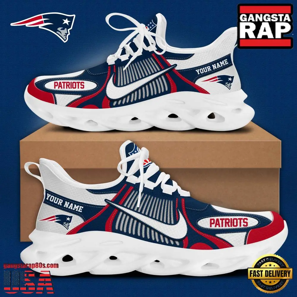 Personalized NFL New England Patriots Blue White Stripes Logo Clunky Max Soul Shoes Personalized NFL New England Patriots Blue White Stripes Logo Clunky Max Soul Shoes - Image 1