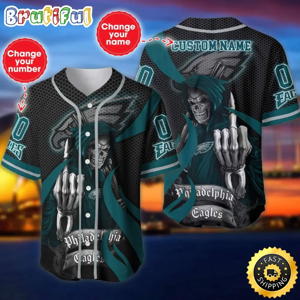 Personalized NFL Philadelphia Eagles Baseball Jersey Shirt The Reaper Art Skull