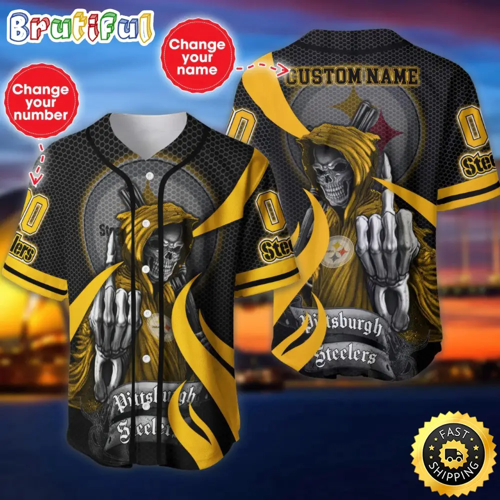 Personalized NFL Pittsburgh Steelers Baseball Jersey Shirt The Reaper Art Skull