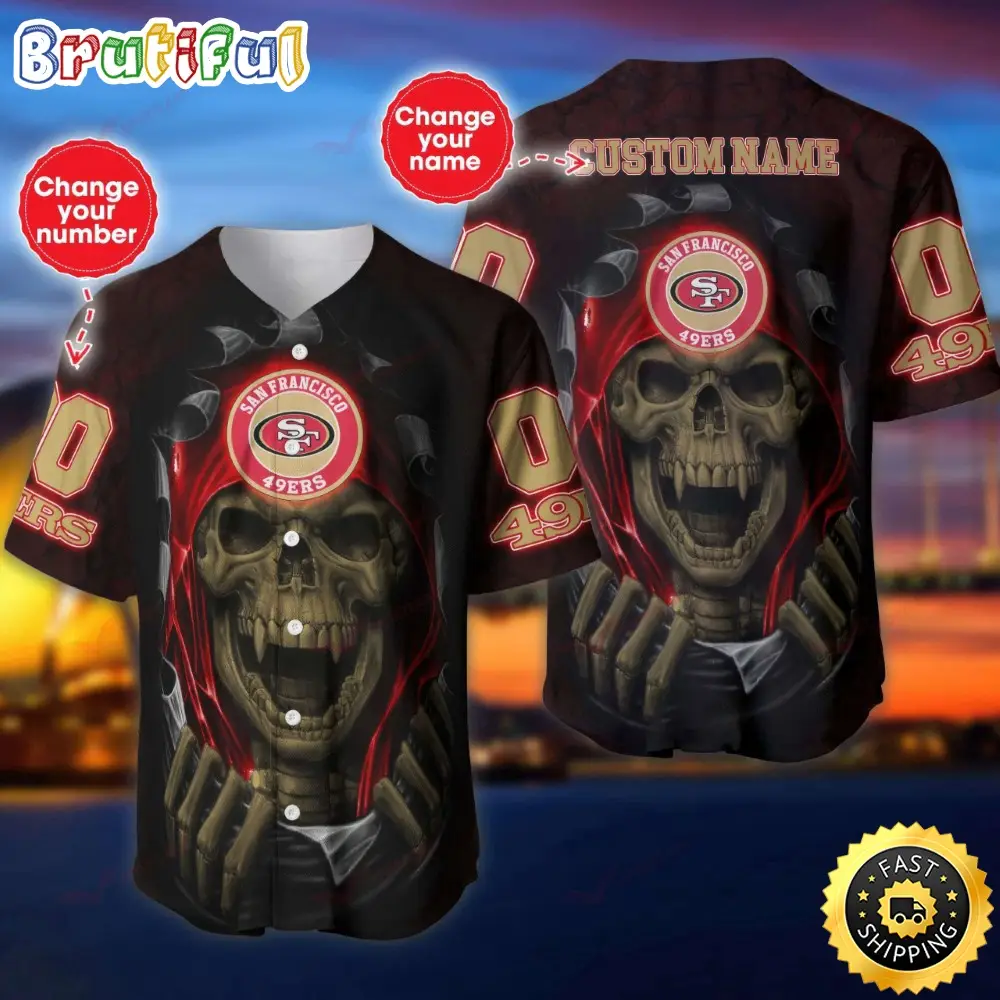 Personalized NFL San Francisco 49ers Baseball Jersey Vampire Skull Personalized NFL San Francisco 49ers Baseball Jersey Vampire Skull - Image 1