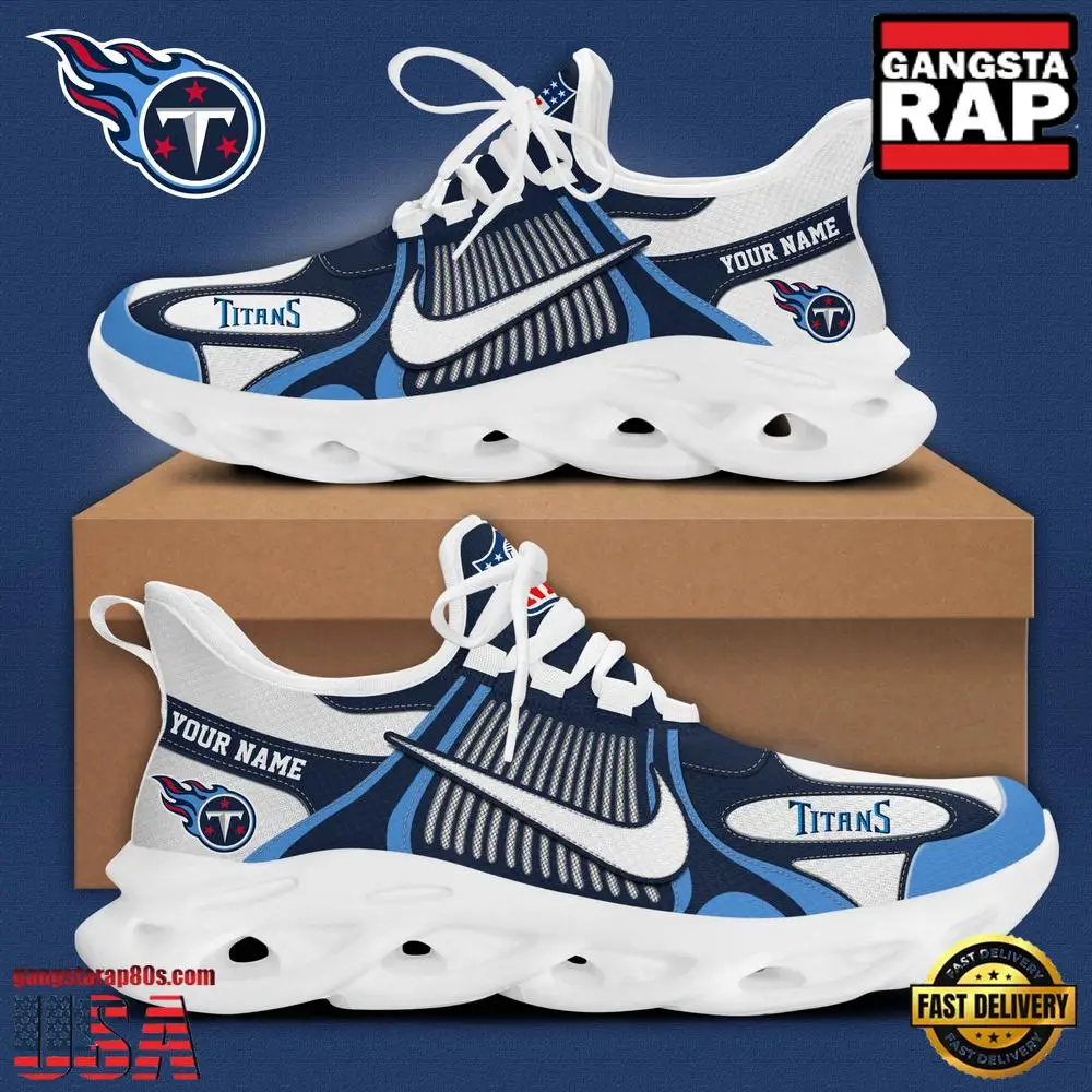 Personalized NFL Tennessee Titans Blue White Stripes Logo Clunky Max Soul Shoes