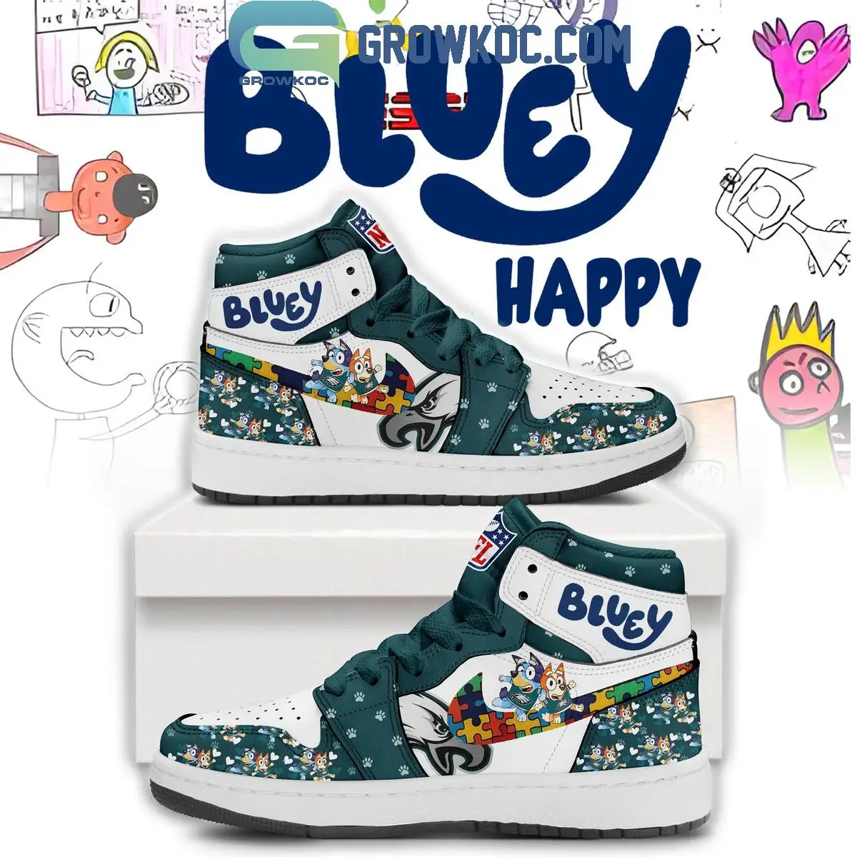 Philadelphia Eagles x Bluey Autism Air Jordan 1 Shoes