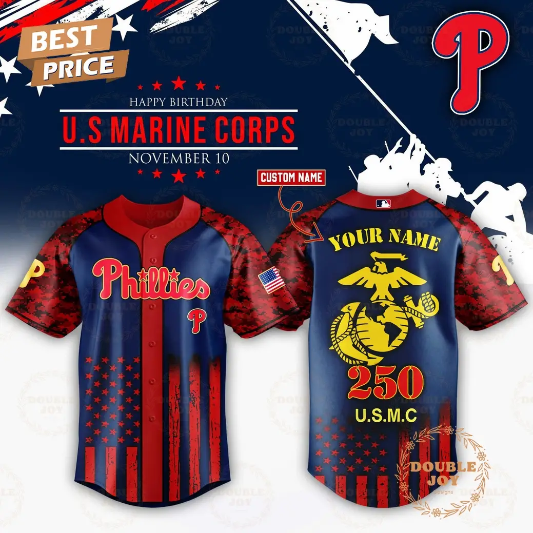 Philadelphia Phillies x 250th Happy Birthday USMC Custom Name Baseball Jersey