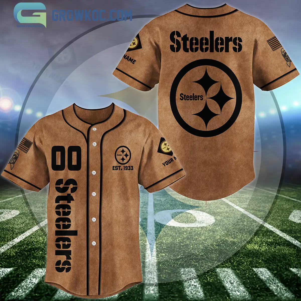 Pittsburgh Steelers Brown American Flag Personalized Baseball Jersey