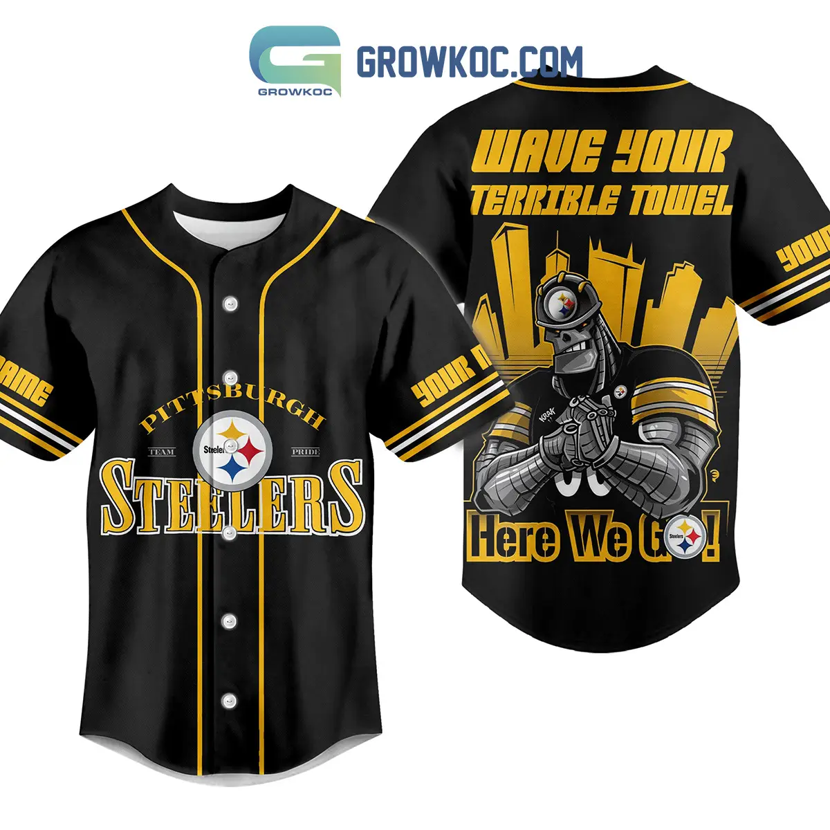 Pittsburgh Steelers Wave Your Terrible Towel Here We Go Personalized Baseball Jersey